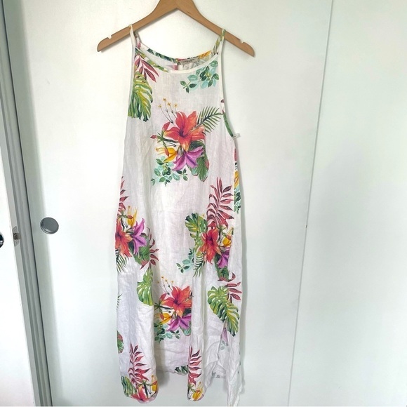 Lungo L'Arno Italian Linen Tropical Print White‎ MIDI Dress Size Small - Picture 1 of 8